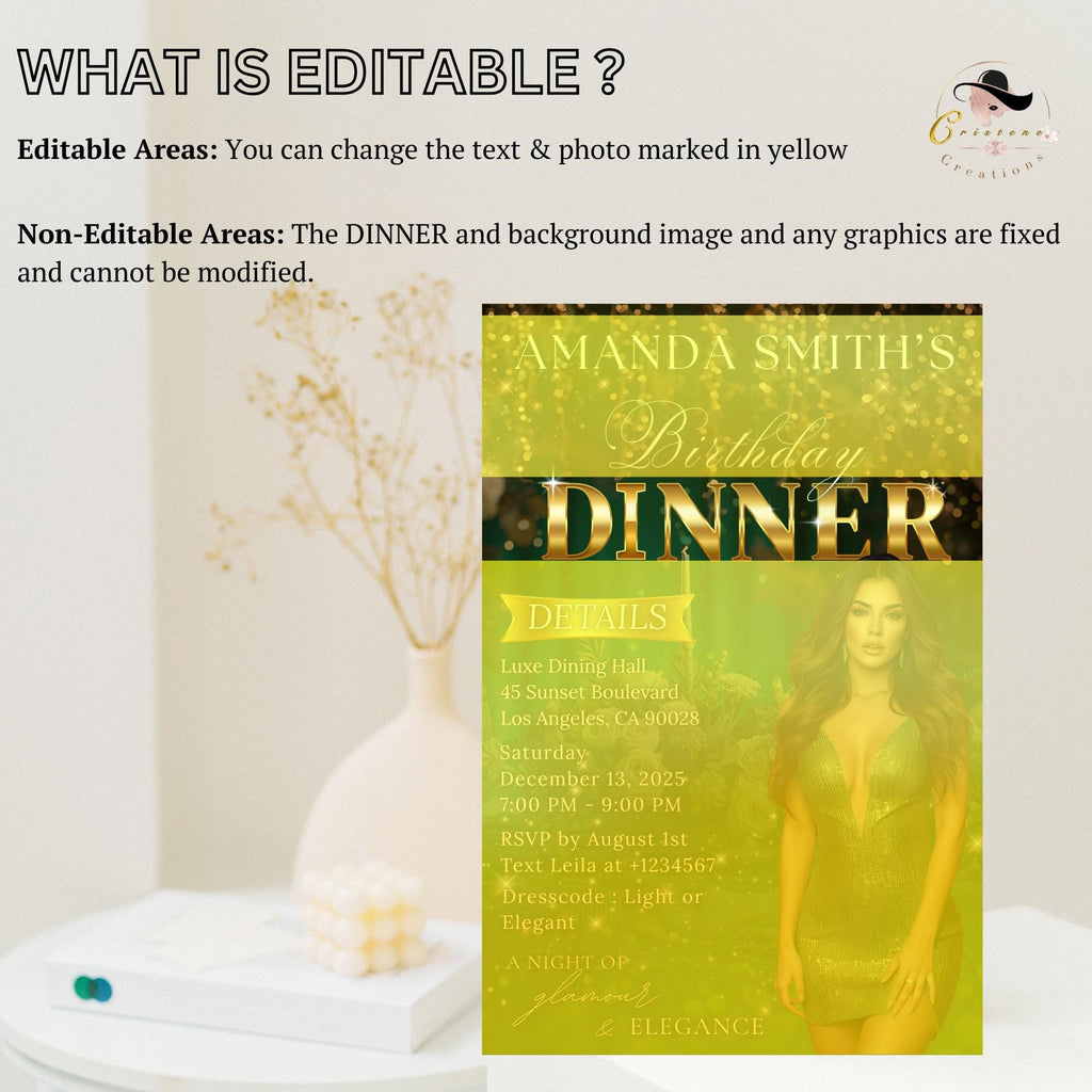 Editable Birthday Dinner Invitation Green Gold Luxury Dinner Invite with photo, Woman Birthday Invite, Digital Retirement Party Template