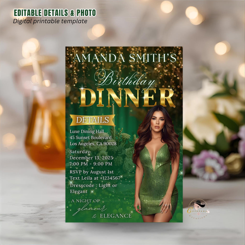 Editable Birthday Dinner Invitation Green Gold Luxury Dinner Invite with photo, Woman Birthday Invite, Digital Retirement Party Template