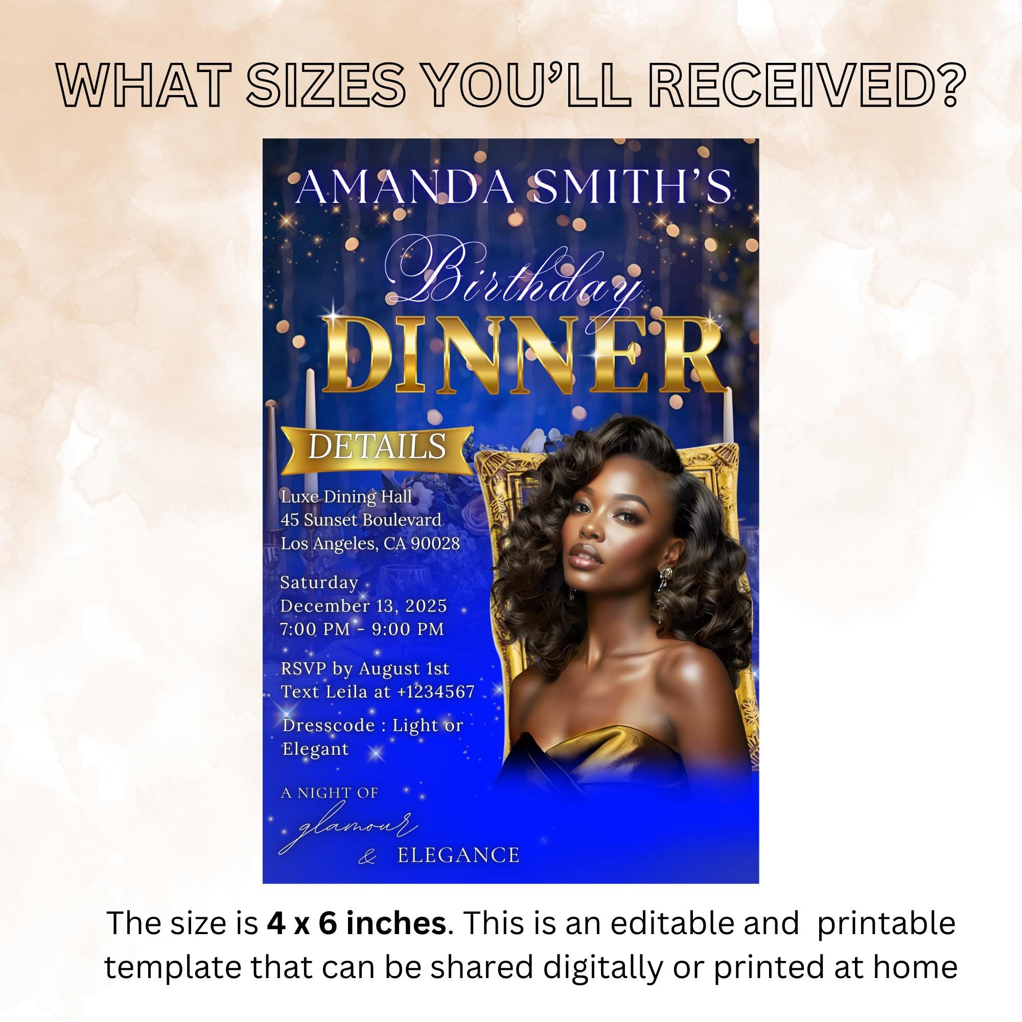 Editable Birthday Dinner Invitation Blue Gold Luxury Dinner Invite with photo, Woman Birthday Invite, Digital Retirement Party Template