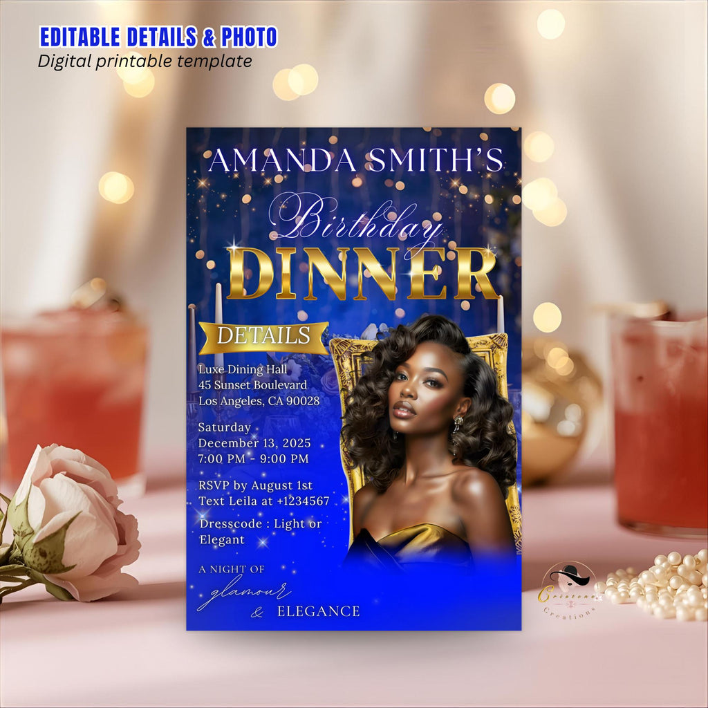 Editable Birthday Dinner Invitation Blue Gold Luxury Dinner Invite with photo, Woman Birthday Invite, Digital Retirement Party Template