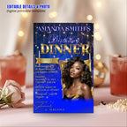 Editable Birthday Dinner Invitation Blue Gold Luxury Dinner Invite with photo, Woman Birthday Invite, Digital Retirement Party Template