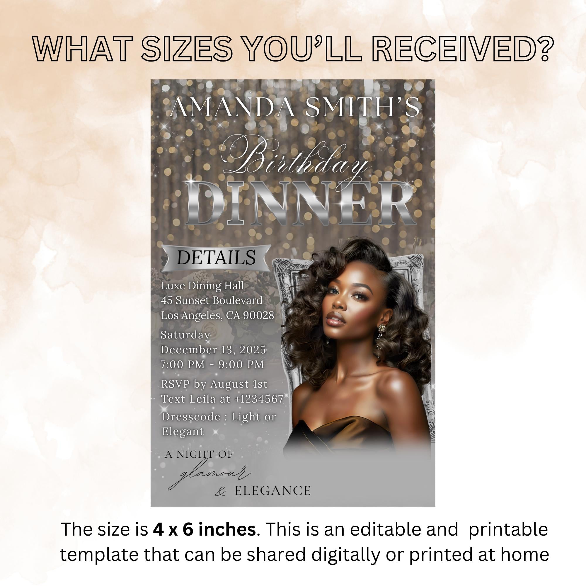 Digital Birthday Dinner Invitation Silver Luxury Dinner Invite with photo, Editable Woman Birthday Invite, Elegant Retirement Party Template