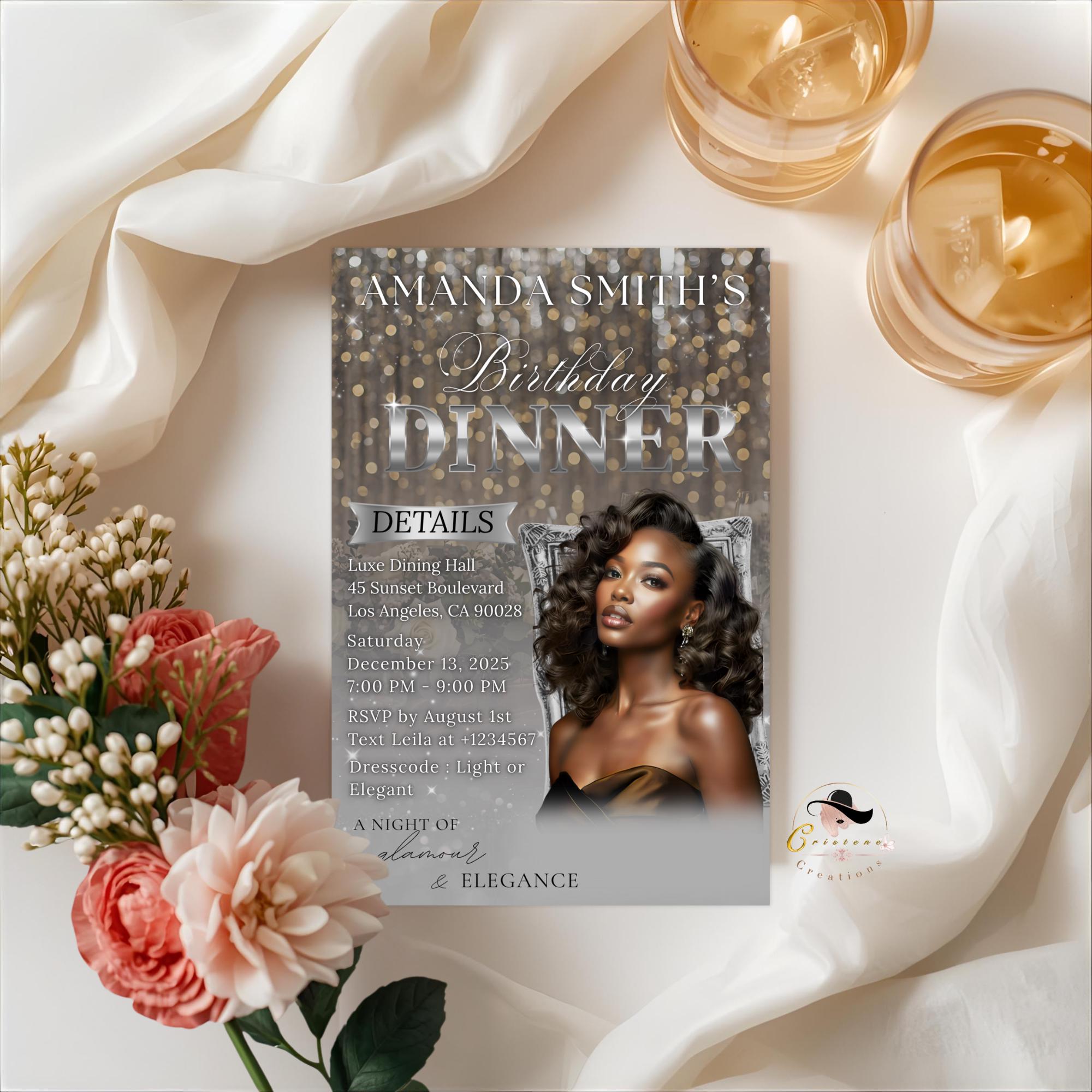 Digital Birthday Dinner Invitation Silver Luxury Dinner Invite with photo, Editable Woman Birthday Invite, Elegant Retirement Party Template