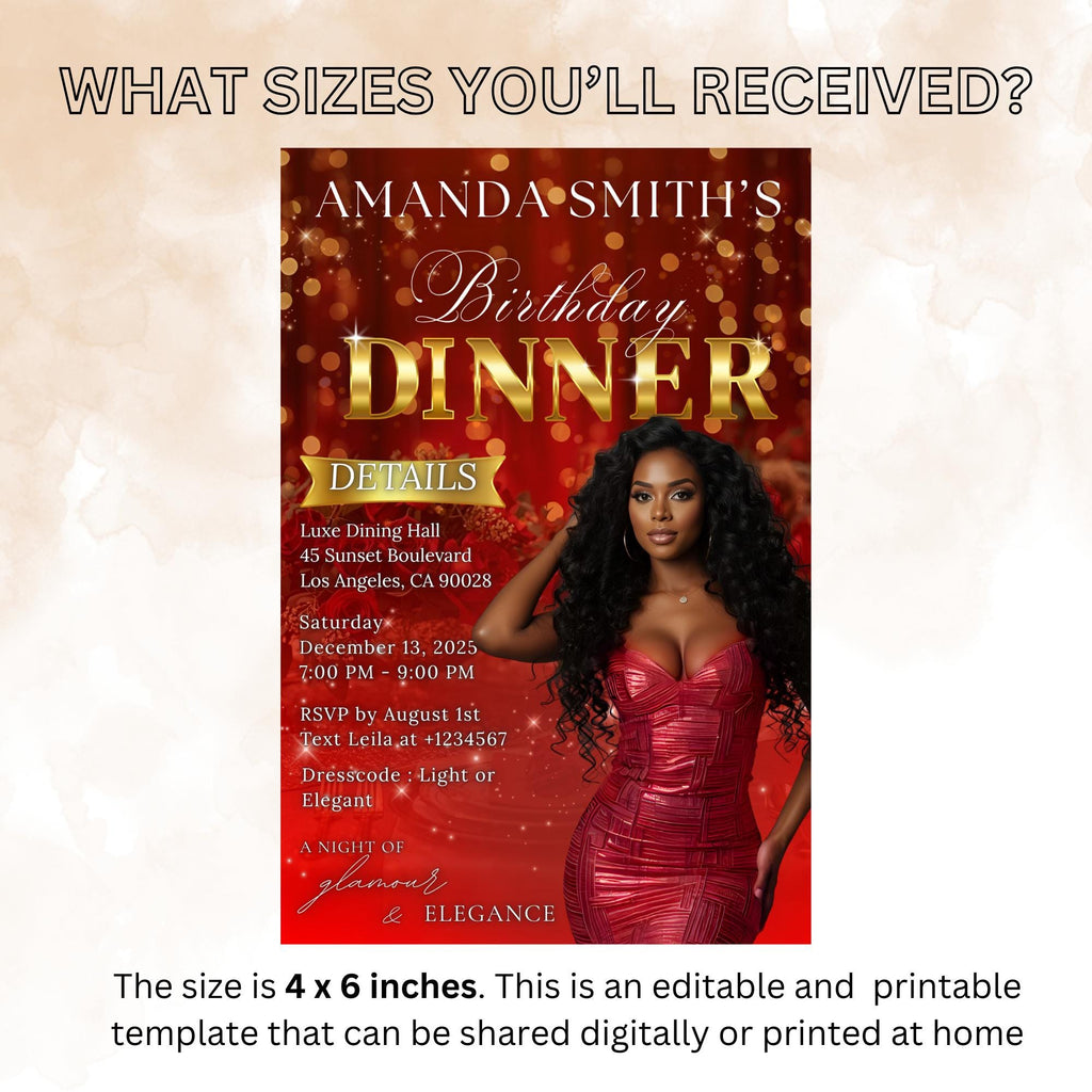 Digital Birthday Dinner Invitation Red Gold Luxury Dinner Invite with photo, Editable Woman Birthday Invite Classy Retirement Party Template