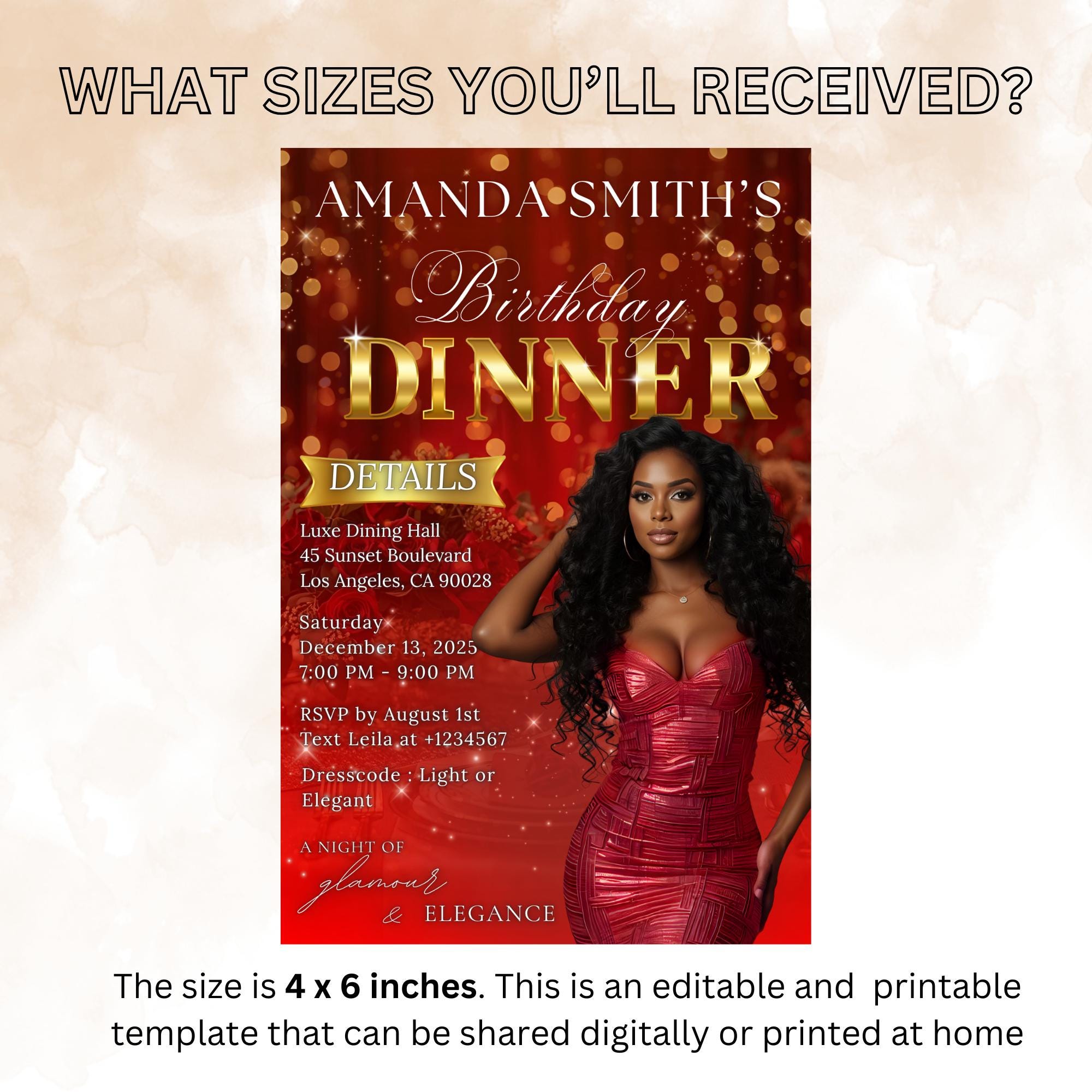 Digital Birthday Dinner Invitation Red Gold Luxury Dinner Invite with photo, Editable Woman Birthday Invite Classy Retirement Party Template