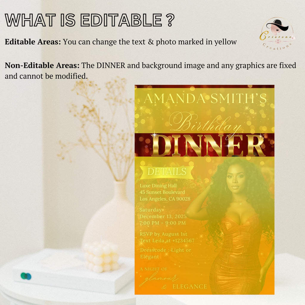 Digital Birthday Dinner Invitation Red Gold Luxury Dinner Invite with photo, Editable Woman Birthday Invite Classy Retirement Party Template