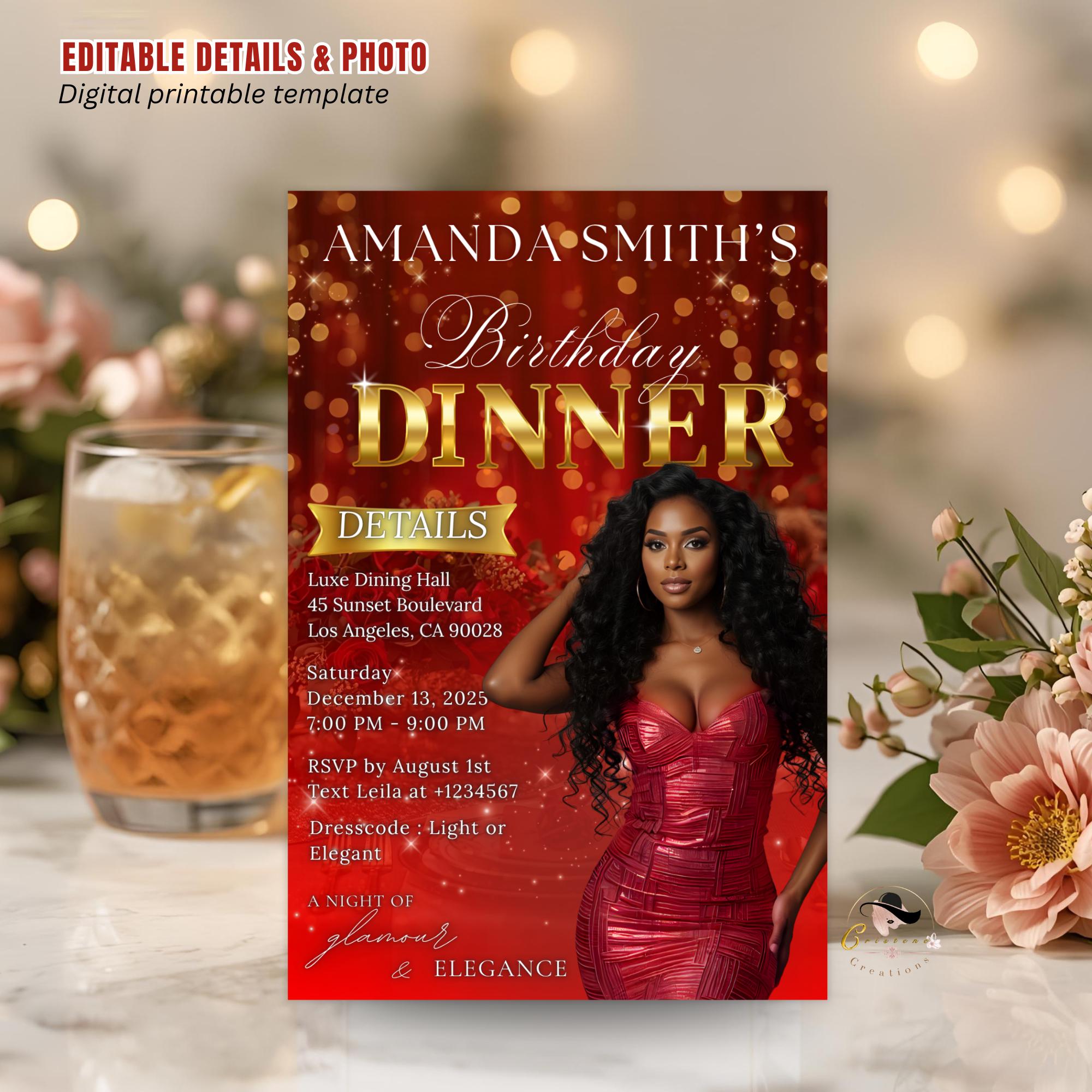 Digital Birthday Dinner Invitation Red Gold Luxury Dinner Invite with photo, Editable Woman Birthday Invite Classy Retirement Party Template
