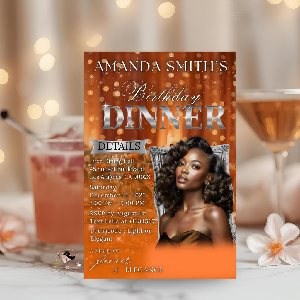 Digital Birthday Dinner Invitation Orange Silver Luxury Dinner Invite with photo, Editable Woman Birthday Invite, Retirement Party Template