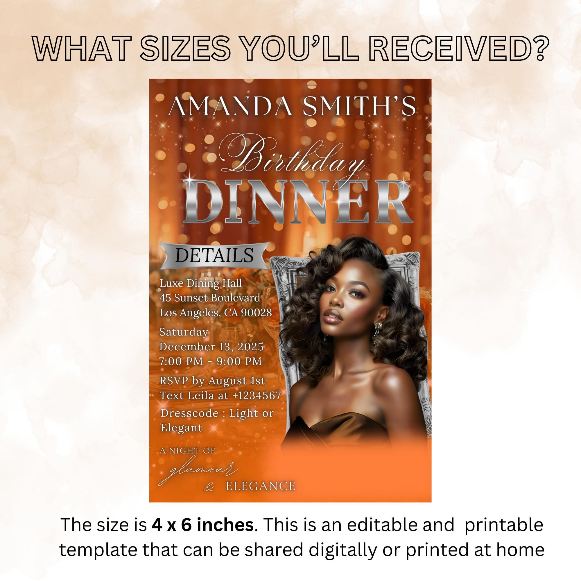 Digital Birthday Dinner Invitation Orange Silver Luxury Dinner Invite with photo, Editable Woman Birthday Invite, Retirement Party Template