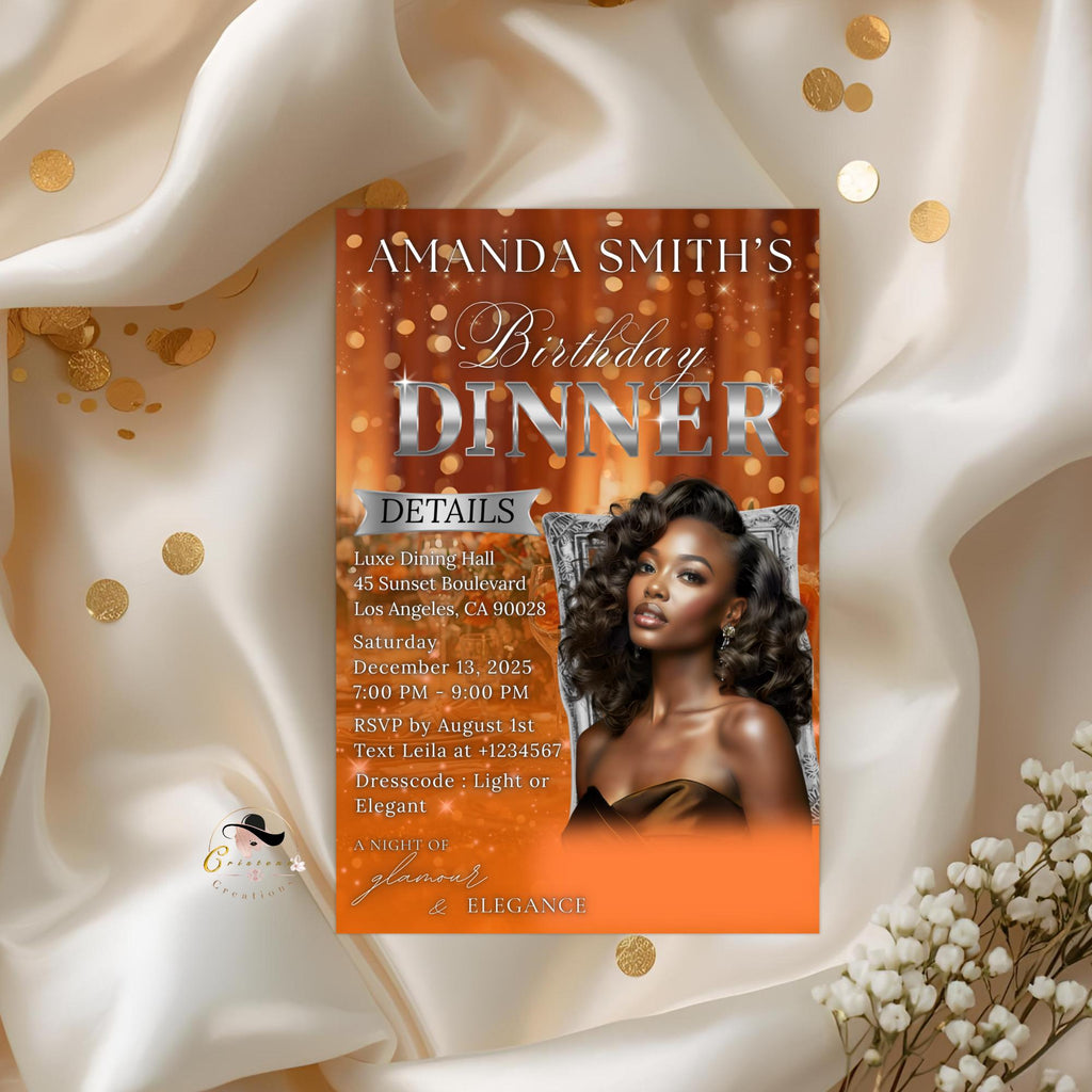 Digital Birthday Dinner Invitation Orange Silver Luxury Dinner Invite with photo, Editable Woman Birthday Invite, Retirement Party Template