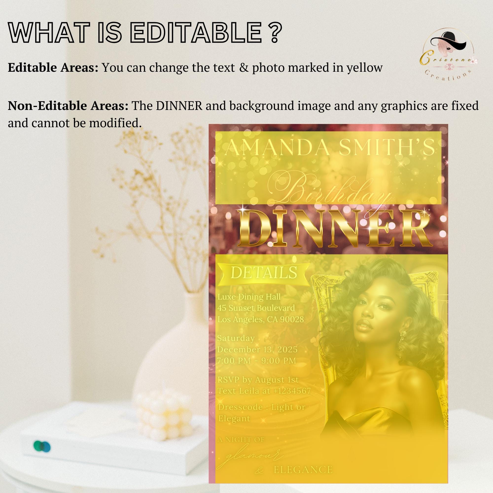 Digital Birthday Dinner Invitation Pink Gold Luxury Dinner Invite with photo Editable Woman Birthday Invite Classy Retirement Party Template