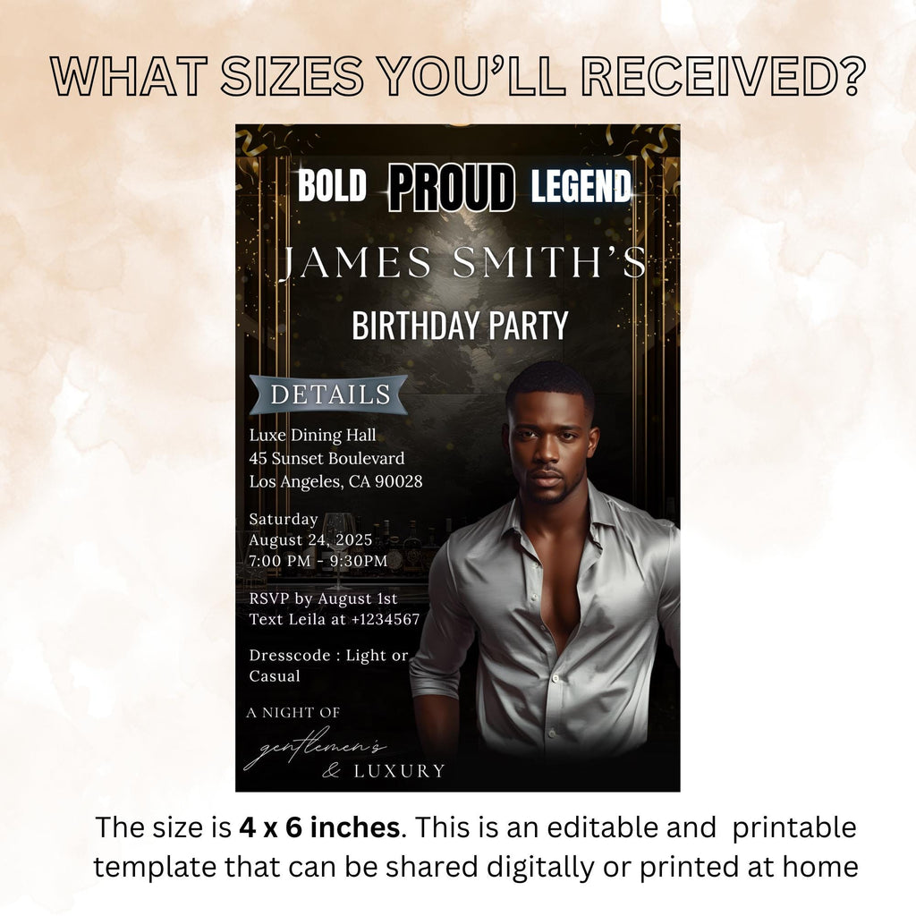 Editable Men Birthday Invitation Black Gold Male Birthday Dinner Invite with photo, Digital Whiskey Invite, Men's Retirement Party Template