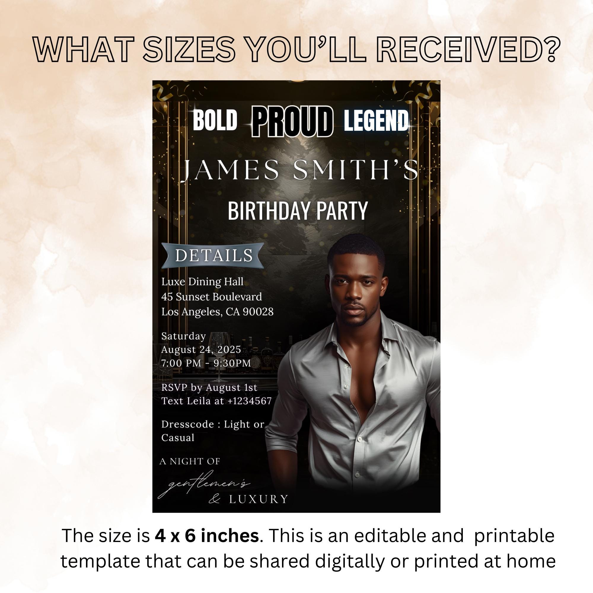 Editable Men Birthday Invitation Black Gold Male Birthday Dinner Invite with photo, Digital Whiskey Invite, Men's Retirement Party Template