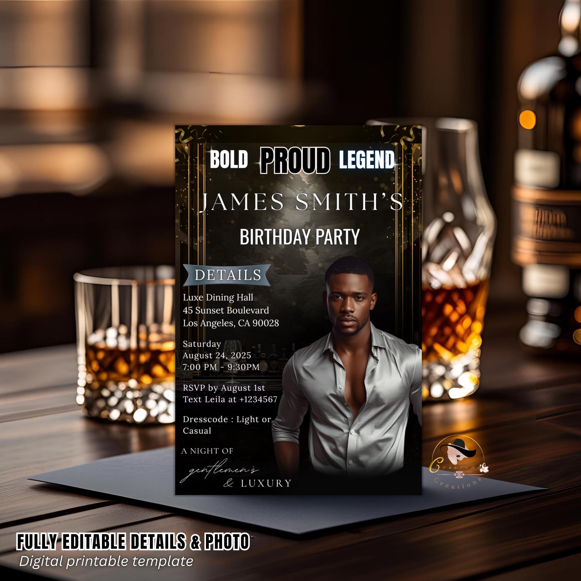 Editable Men Birthday Invitation Black Gold Male Birthday Dinner Invite with photo, Digital Whiskey Invite, Men's Retirement Party Template