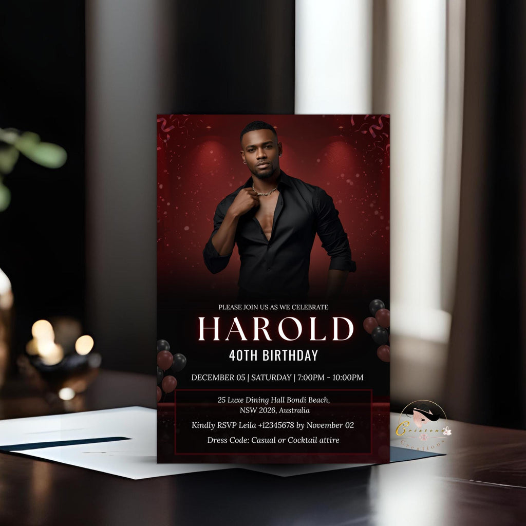 Editable Men Birthday Invitation Red Black Male Birthday Dinner Invite with photo, Digital Whiskey Invite, Men's Retirement Party Template