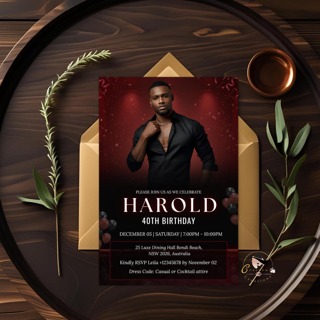 Editable Men Birthday Invitation Red Black Male Birthday Dinner Invite with photo, Digital Whiskey Invite, Men's Retirement Party Template