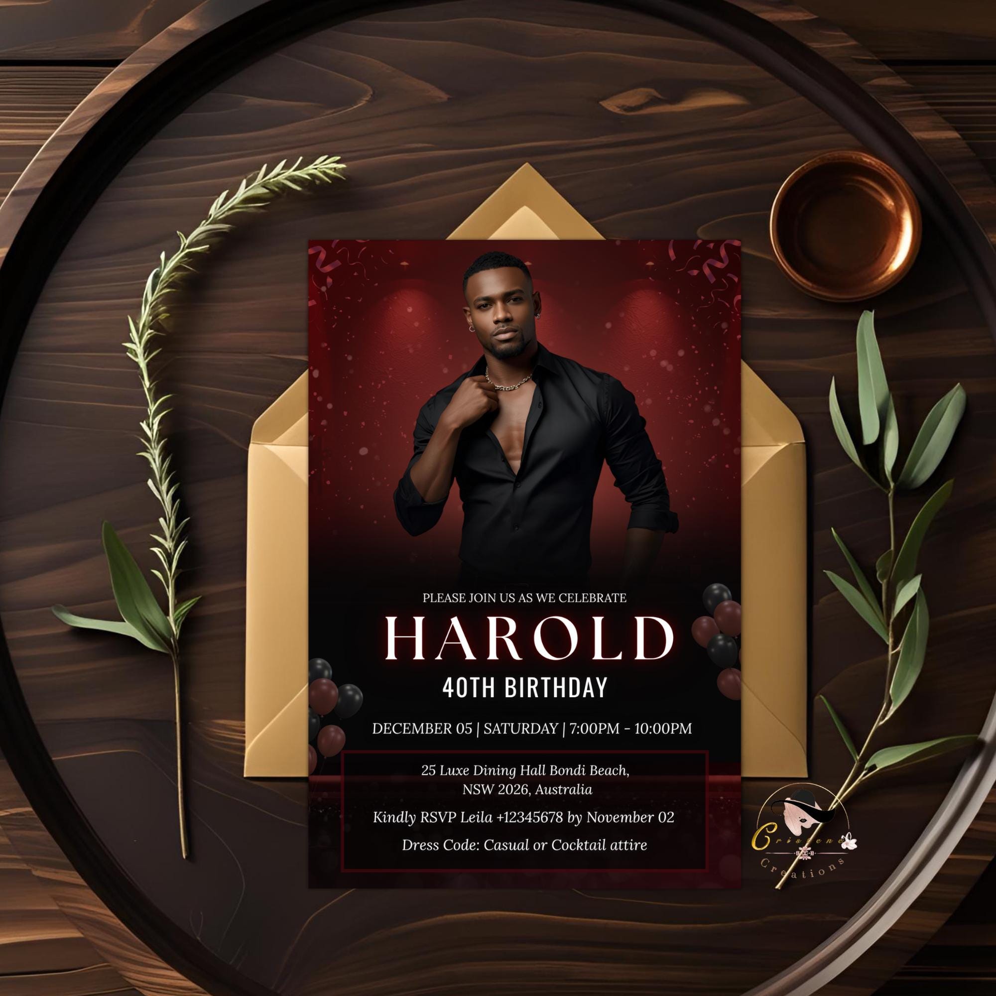 Editable Men Birthday Invitation Red Black Male Birthday Dinner Invite with photo, Digital Whiskey Invite, Men's Retirement Party Template