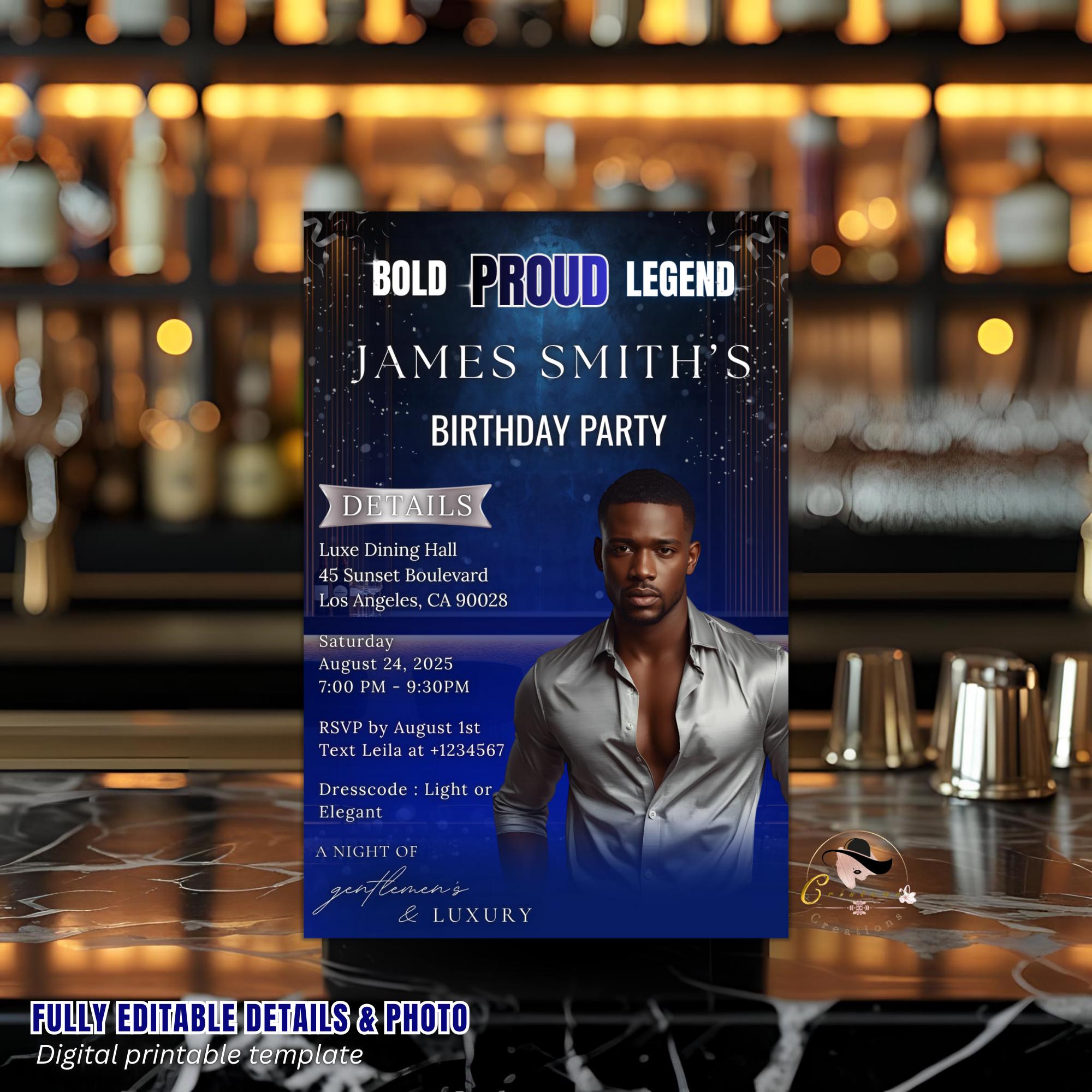 Digital Men Birthday Invitation Blue Silver Male Birthday Dinner Invite with photo, Editable Whiskey Invite, Men's Retirement Party Template