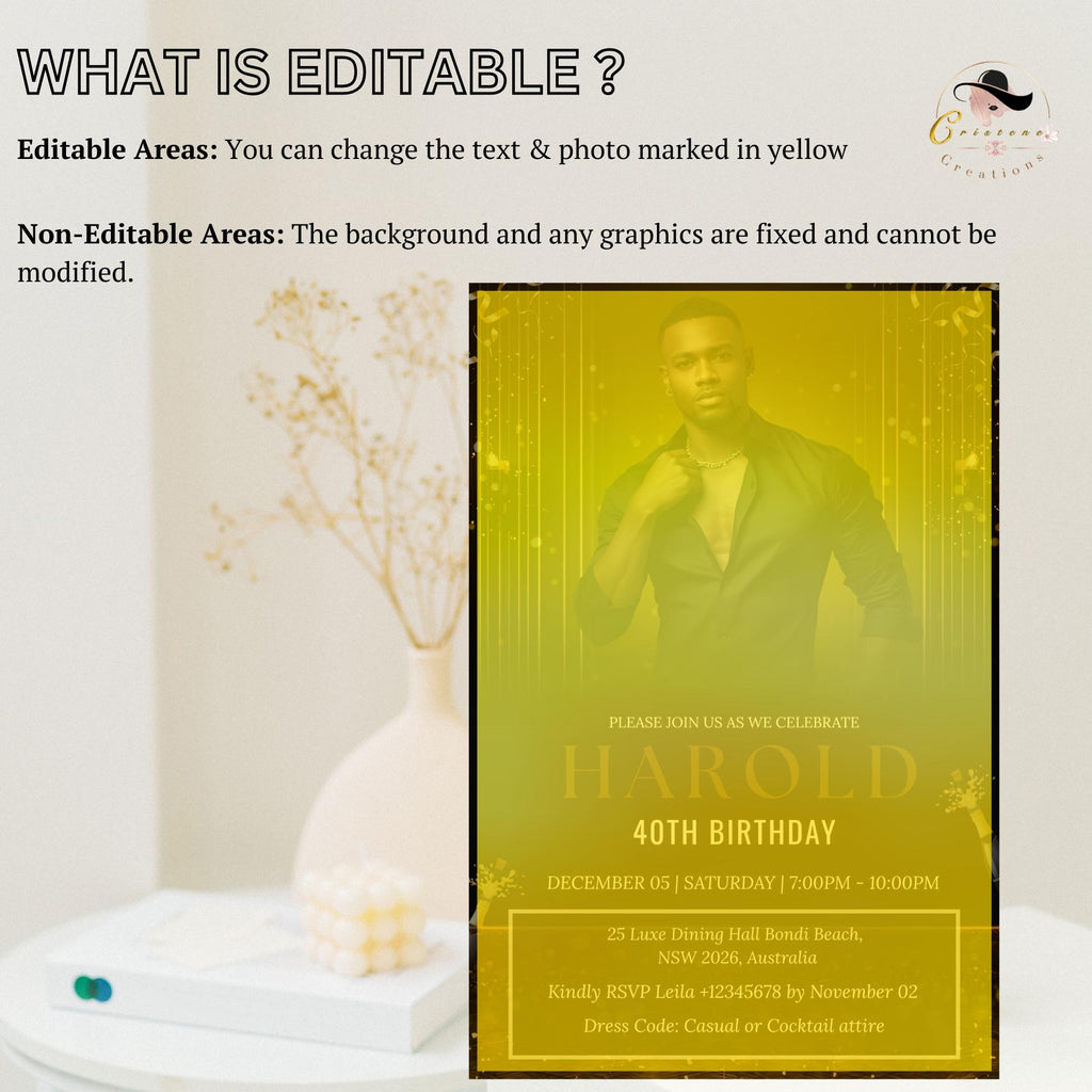 Digital Men Birthday Invitation Black Gold Male Birthday Dinner Invite with photo, Editable Whiskey Invite, Men's Retirement Party Template