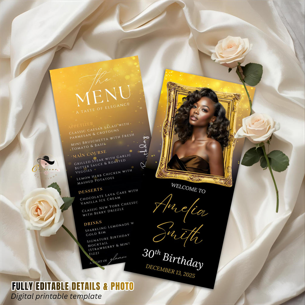 Editable Birthday Party Menu Black Gold Retirement Dinner Menu with photo, Elegant Prom Menu Printable, Any Formal Event Menu Card Template
