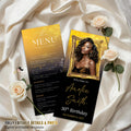 Editable Birthday Party Menu Black Gold Retirement Dinner Menu with photo, Elegant Prom Menu Printable, Any Formal Event Menu Card Template