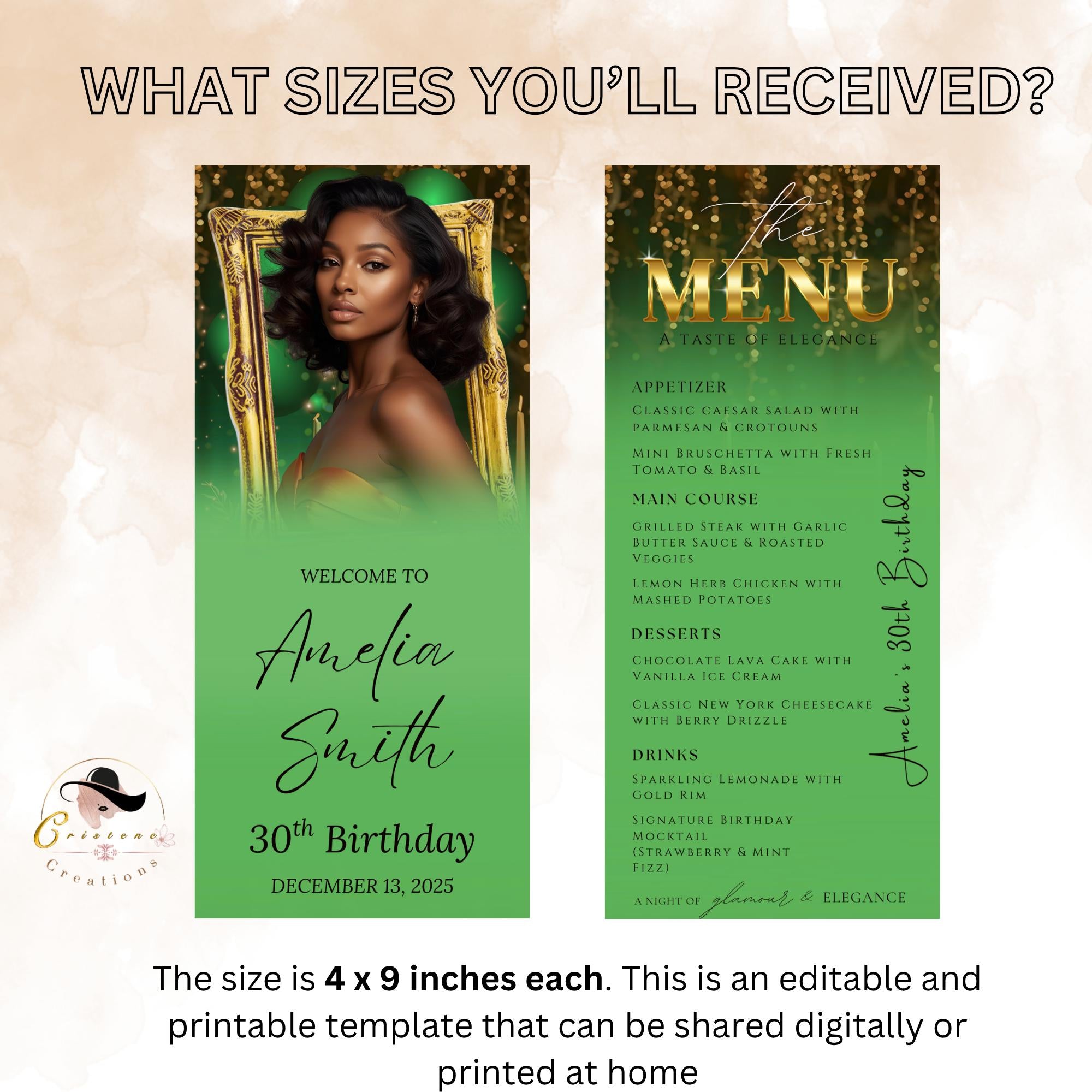 Editable Birthday Dinner Menu Green Gold Retirement Party Menu with photo, Elegant Prom Menu Printable, Any Formal Event Menu Card Template