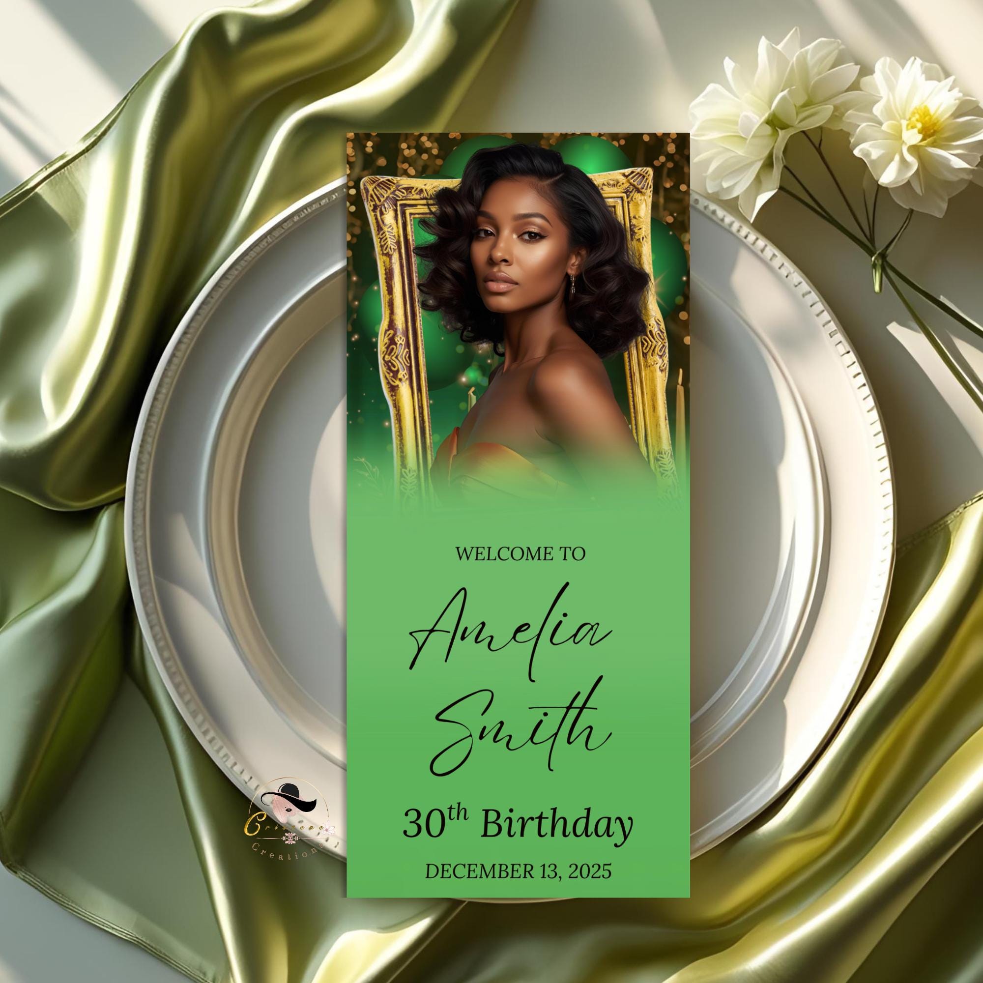 Editable Birthday Dinner Menu Green Gold Retirement Party Menu with photo, Elegant Prom Menu Printable, Any Formal Event Menu Card Template