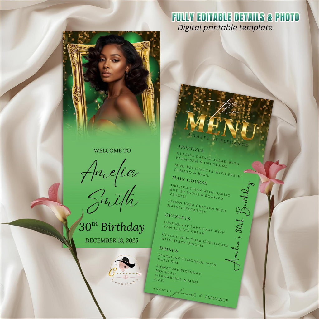 Editable Birthday Dinner Menu Green Gold Retirement Party Menu with photo, Elegant Prom Menu Printable, Any Formal Event Menu Card Template
