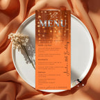 Editable Birthday Dinner Menu Orange Silver Retirement Party Menu with photo Elegant Prom Menu Printable Any Formal Event Menu Card Template