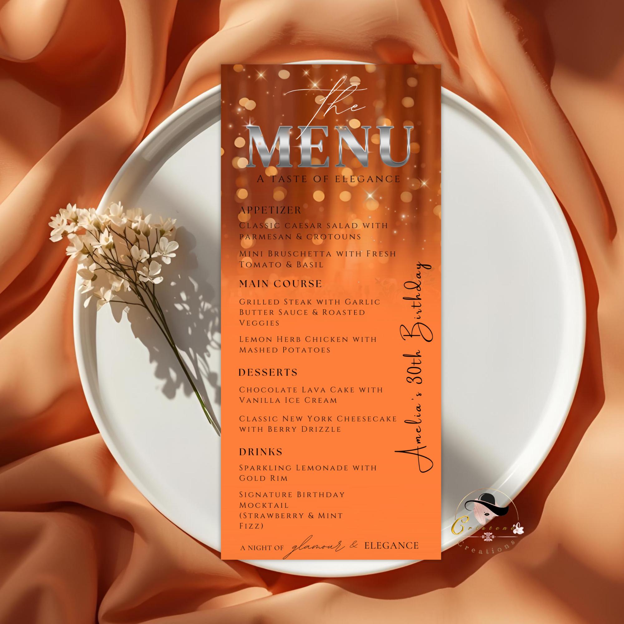 Editable Birthday Dinner Menu Orange Silver Retirement Party Menu with photo Elegant Prom Menu Printable Any Formal Event Menu Card Template
