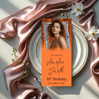 Editable Birthday Dinner Menu Orange Silver Retirement Party Menu with photo Elegant Prom Menu Printable Any Formal Event Menu Card Template