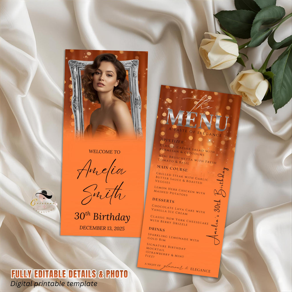 Editable Birthday Dinner Menu Orange Silver Retirement Party Menu with photo Elegant Prom Menu Printable Any Formal Event Menu Card Template