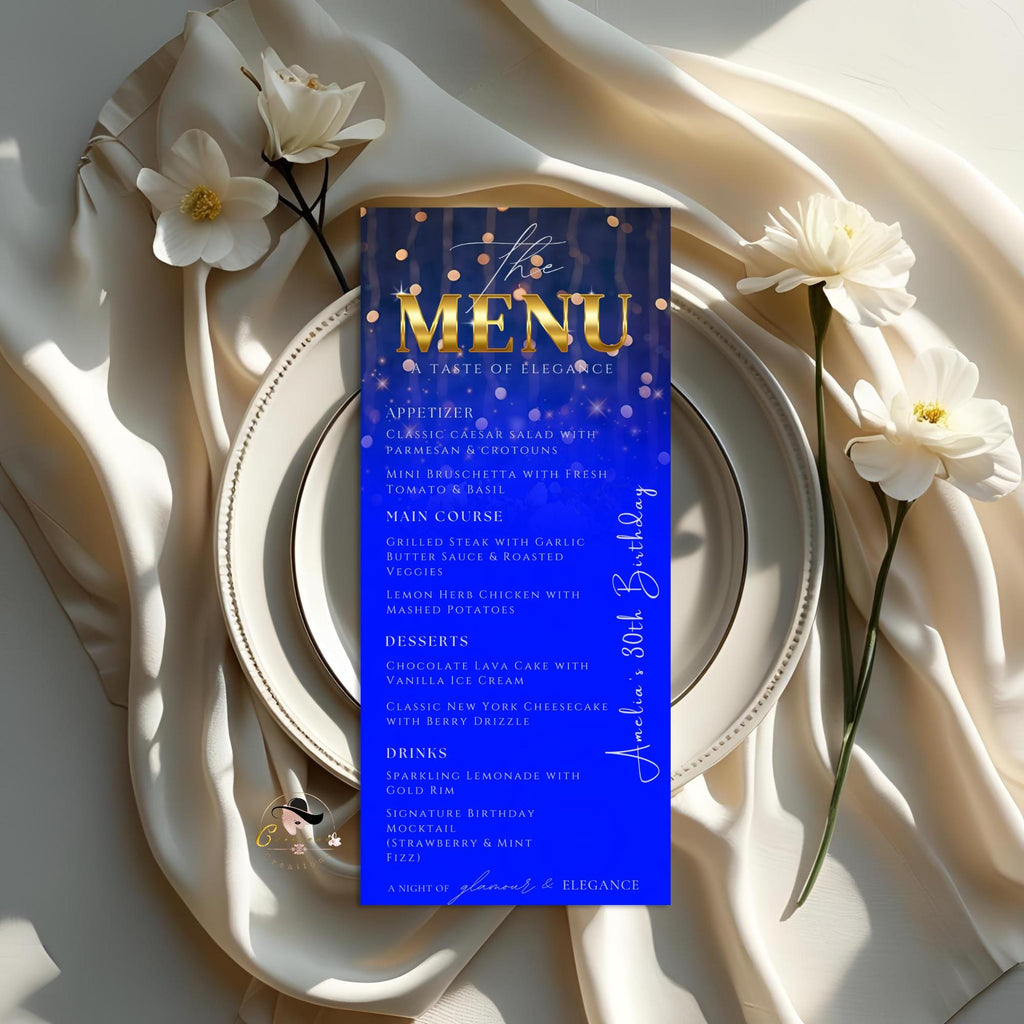Editable Retirement Party Menu Blue Gold Birthday Dinner Menu with photo, Elegant Brunch Menu Printable, Any Formal Event Menu Card Template