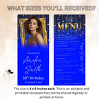 Editable Retirement Party Menu Blue Gold Birthday Dinner Menu with photo, Elegant Brunch Menu Printable, Any Formal Event Menu Card Template