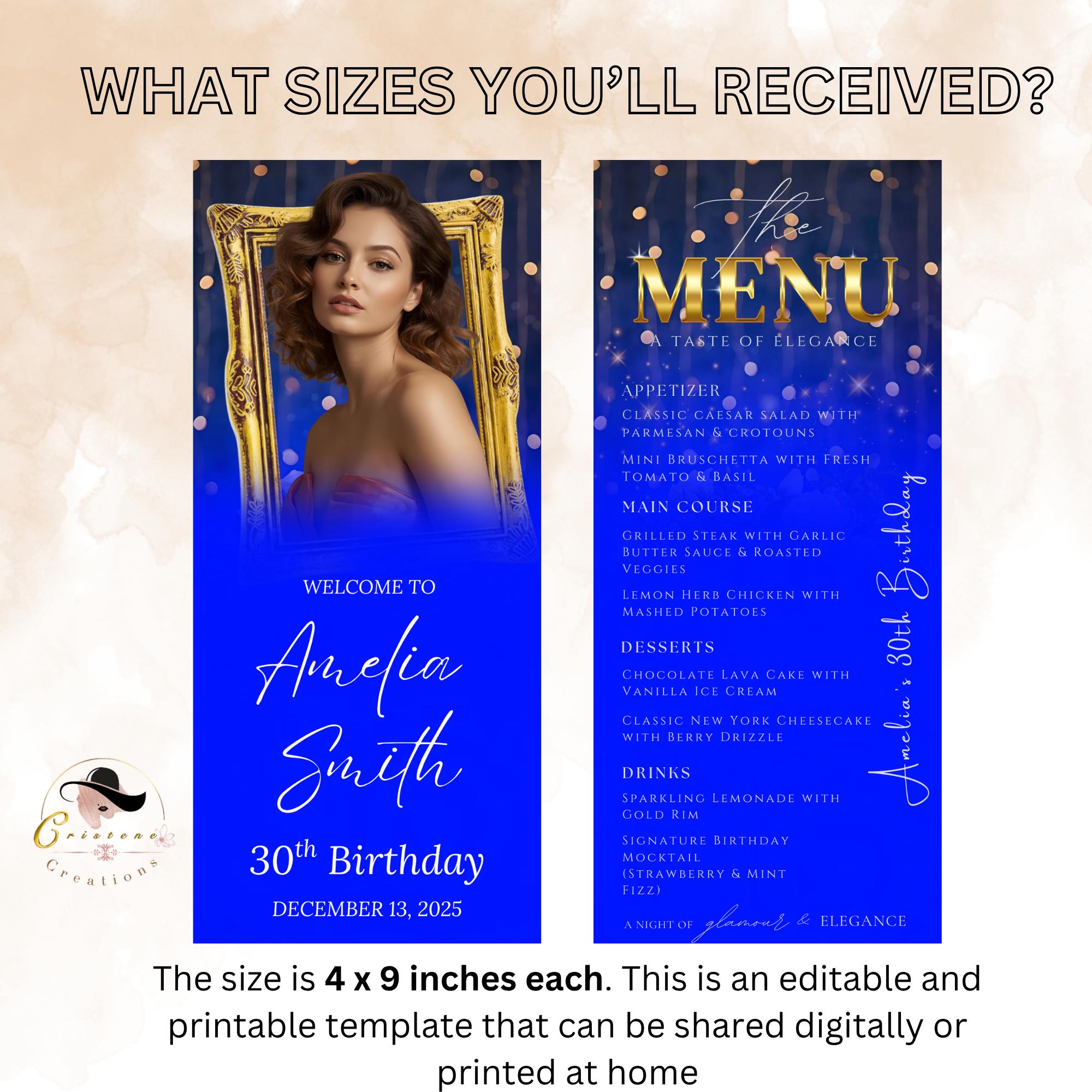 Editable Retirement Party Menu Blue Gold Birthday Dinner Menu with photo, Elegant Brunch Menu Printable, Any Formal Event Menu Card Template