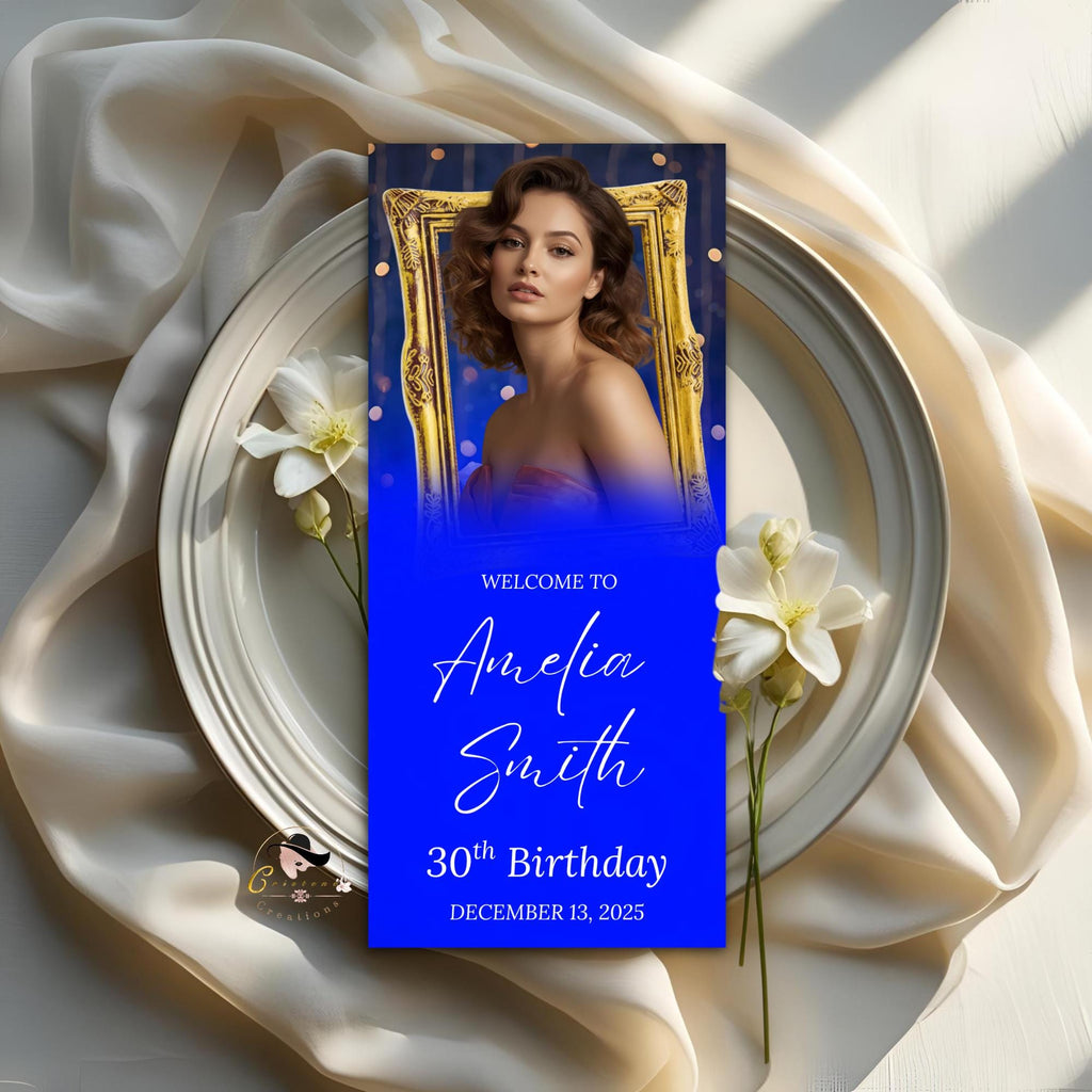 Editable Retirement Party Menu Blue Gold Birthday Dinner Menu with photo, Elegant Brunch Menu Printable, Any Formal Event Menu Card Template