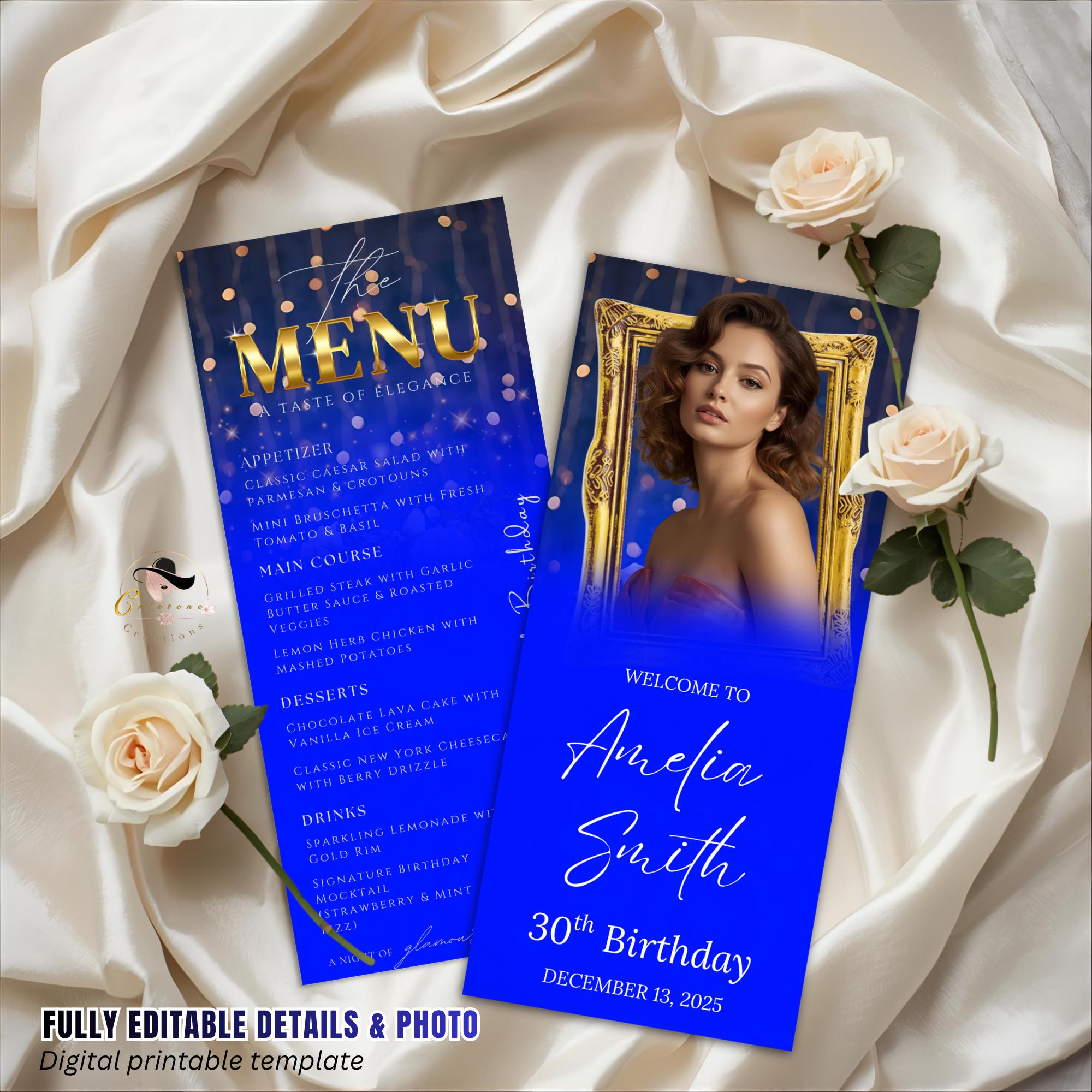 Editable Retirement Party Menu Blue Gold Birthday Dinner Menu with photo, Elegant Brunch Menu Printable, Any Formal Event Menu Card Template
