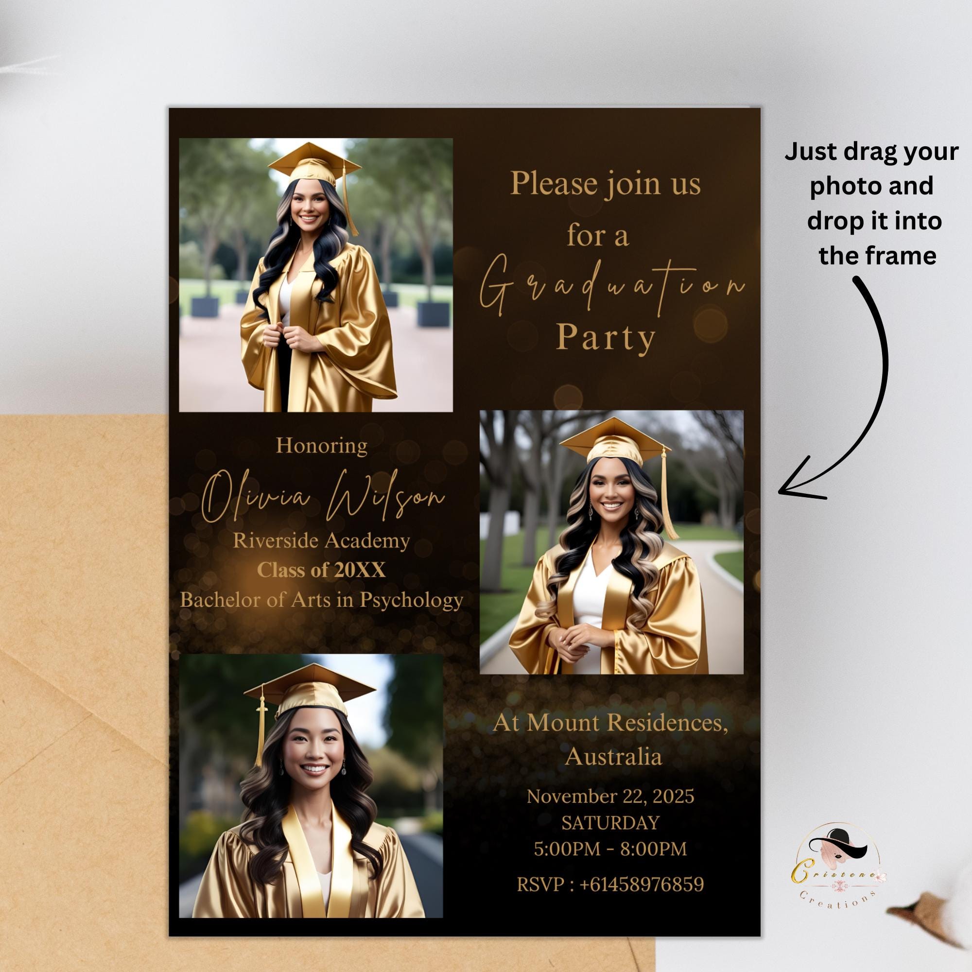 Black gold Graduation Announcement 2026 Invitation, Digital Senior Graduation Female invite with photo, College Graduation Party Template