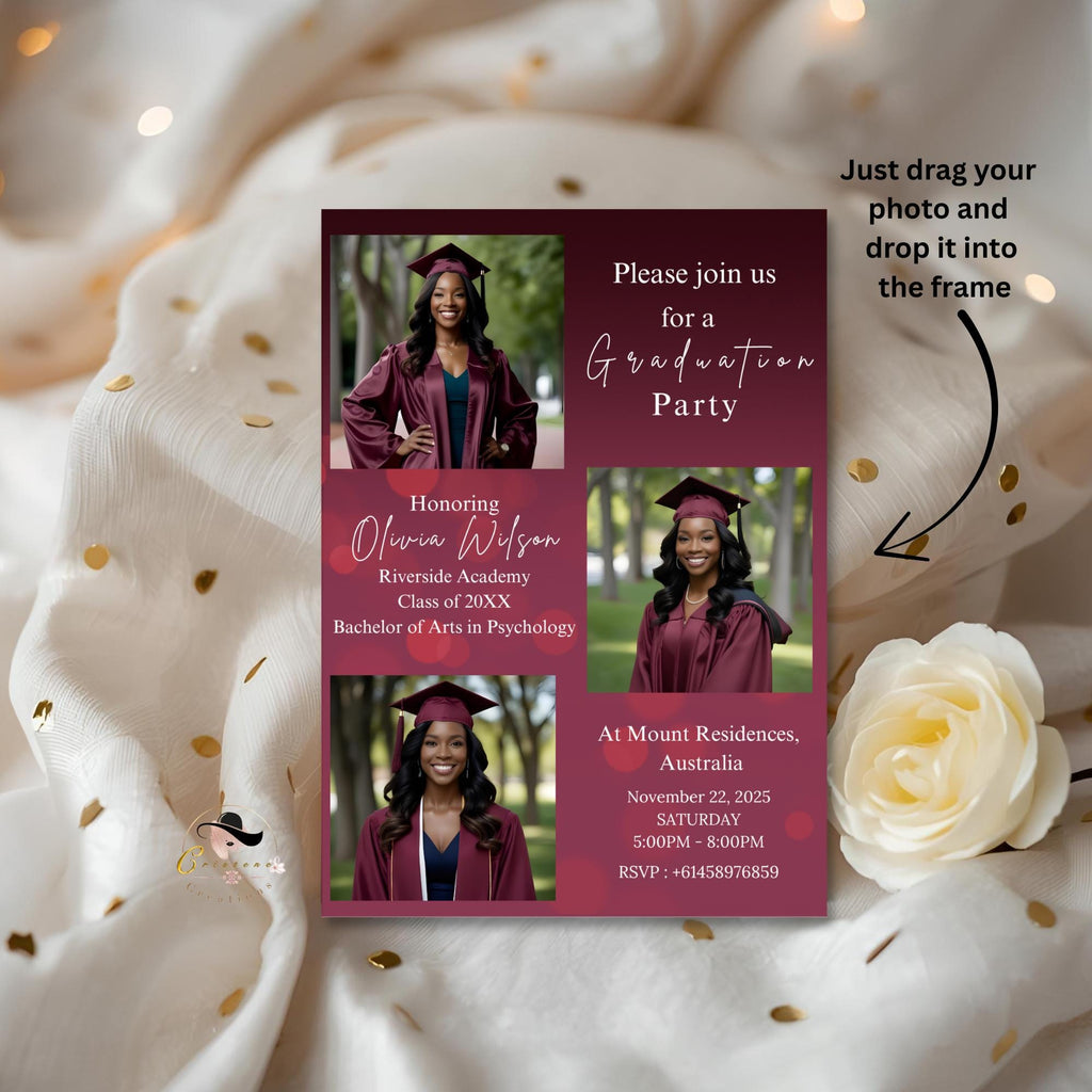 Maroon Graduation Announcement 2026 Invitation, Female Senior Grad Party Invite with photo, Burgundy College Graduation Day Digital Template