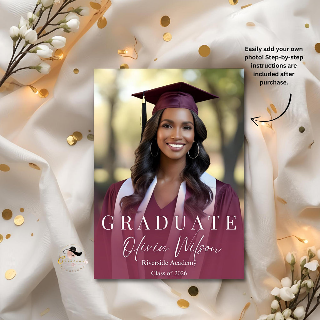 Maroon Graduation Announcement 2026 Invitation, Female Senior Grad Party Invite with photo, Burgundy College Graduation Day Digital Template