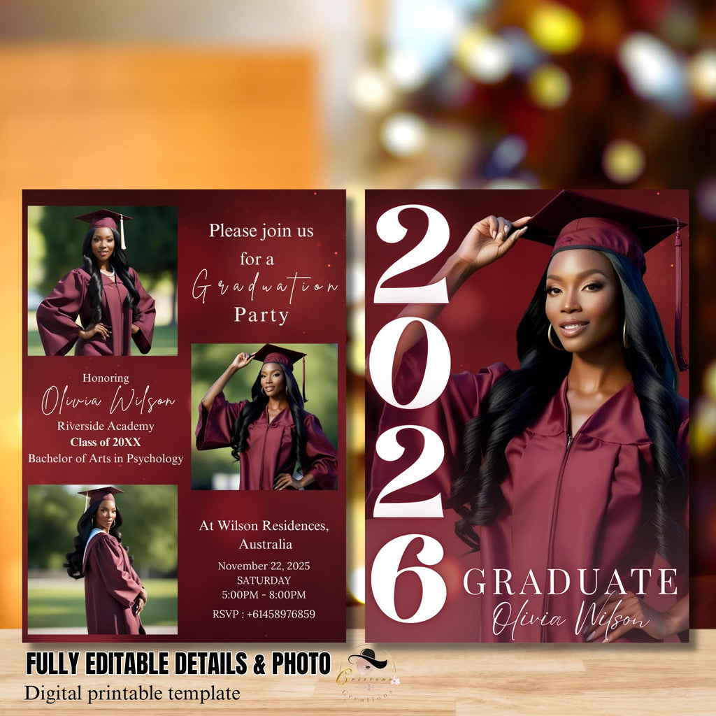 Digital College Graduation Announcement Invitation, Maroon Senior Grad Party Invite 2026, Female High School Graduation Editable Template