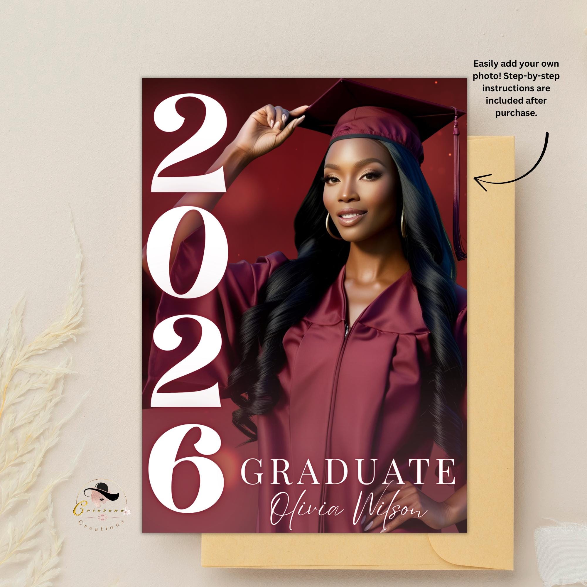Digital College Graduation Announcement Invitation, Maroon Senior Grad Party Invite 2026, Female High School Graduation Editable Template