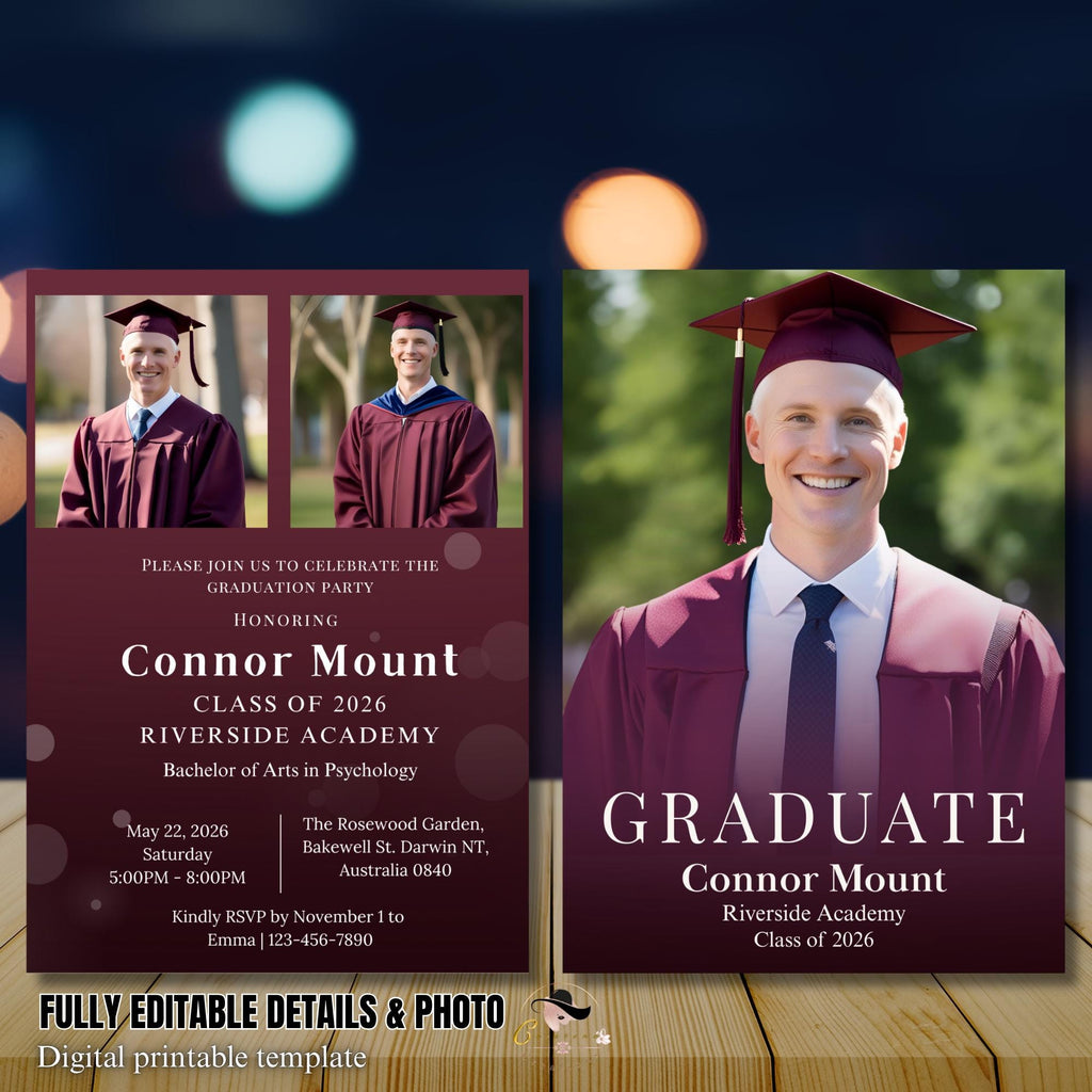 Digital Men Graduation Announcement 2026 Invitation, Maroon Senior Grad Party Invite with photo, Burgundy High School Graduation Template