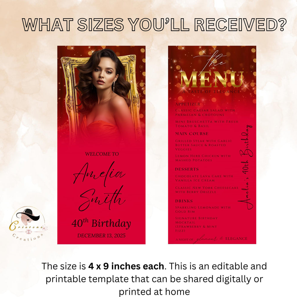 Editable Birthday Dinner Menu Red Gold Retirement Party Menu with photo, Elegant Brunch Menu Printable, Any Formal Event Menu Card Template