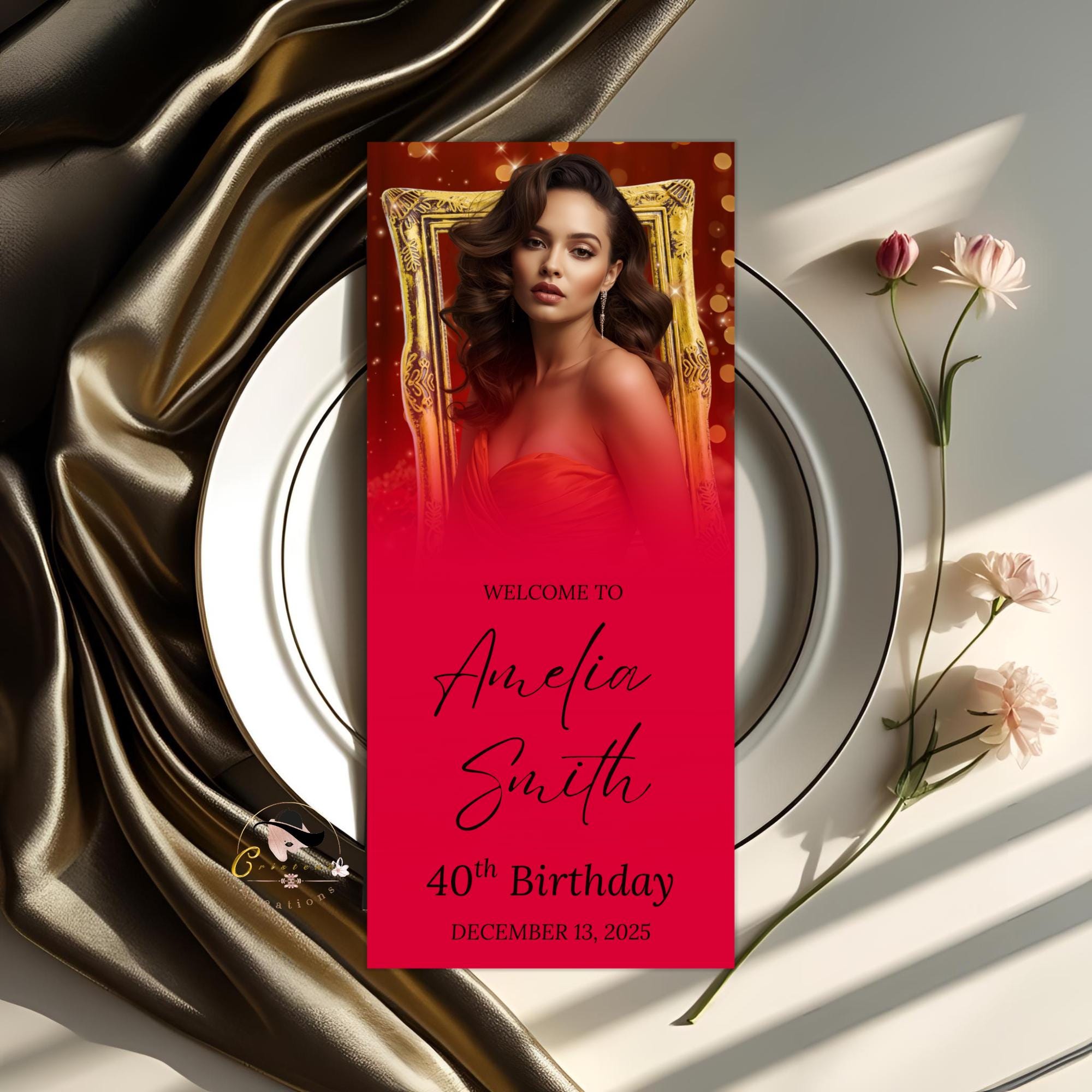 Editable Birthday Dinner Menu Red Gold Retirement Party Menu with photo, Elegant Brunch Menu Printable, Any Formal Event Menu Card Template