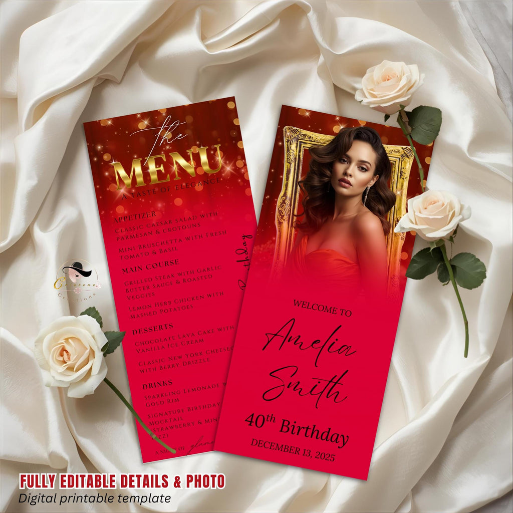 Editable Birthday Dinner Menu Red Gold Retirement Party Menu with photo, Elegant Brunch Menu Printable, Any Formal Event Menu Card Template