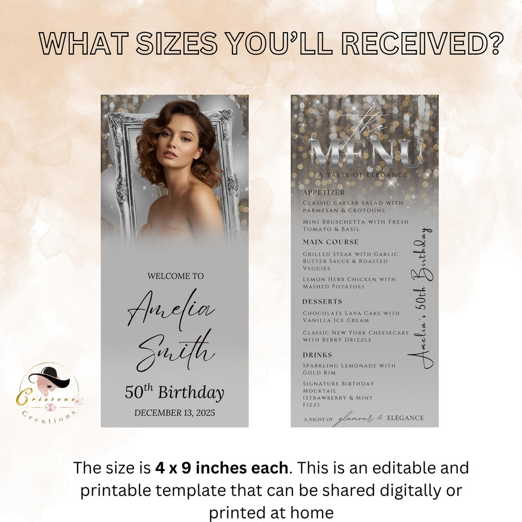 Editable Birthday Dinner Menu Silver Retirement Party Menu with photo, Elegant Brunch Menu Printable, Any Formal Event Menu Card Template
