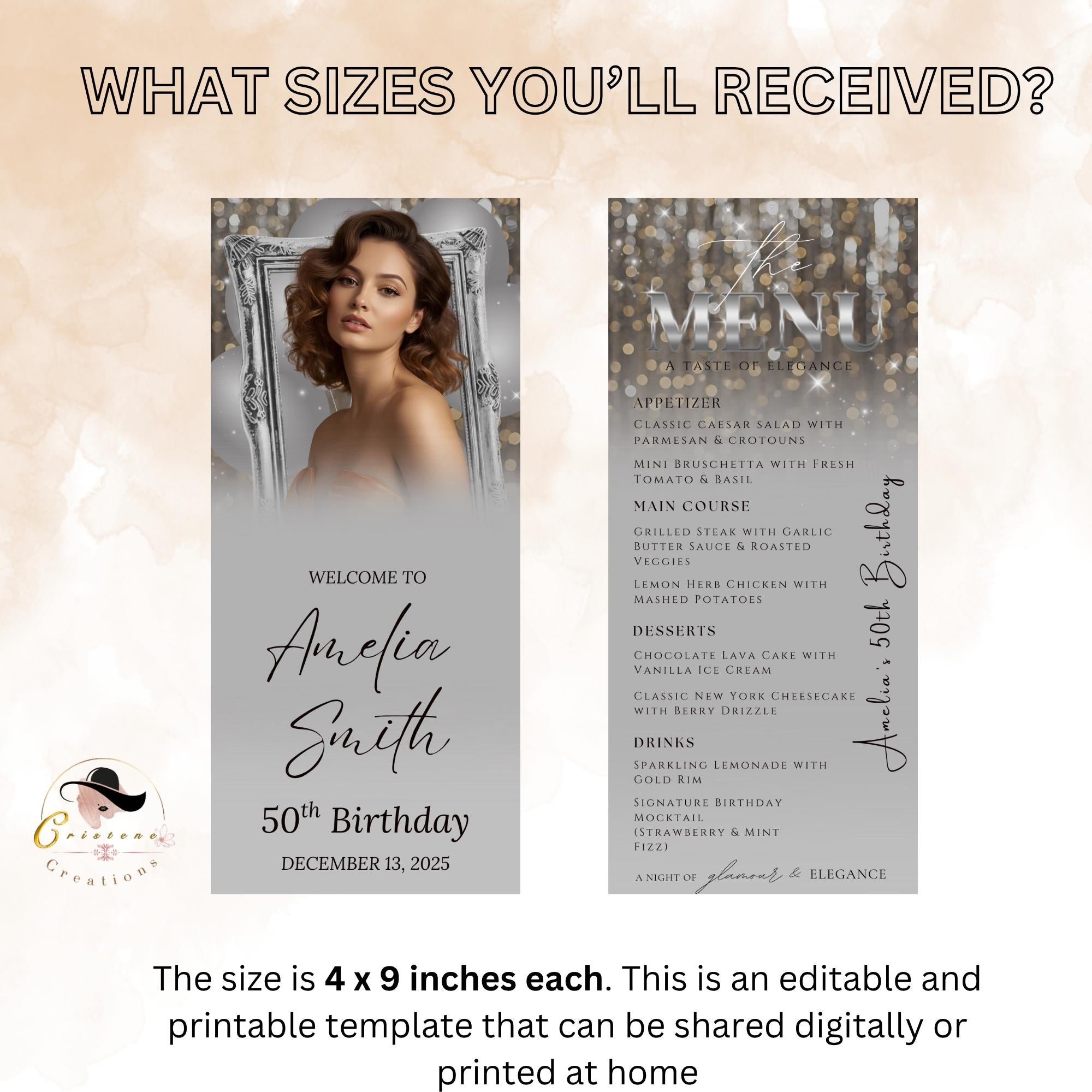 Editable Birthday Dinner Menu Silver Retirement Party Menu with photo, Elegant Brunch Menu Printable, Any Formal Event Menu Card Template