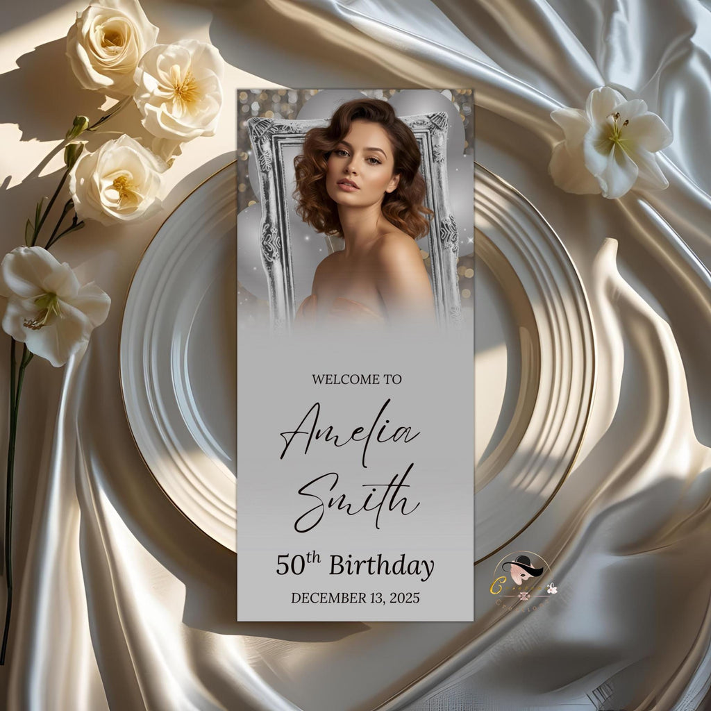 Editable Birthday Dinner Menu Silver Retirement Party Menu with photo, Elegant Brunch Menu Printable, Any Formal Event Menu Card Template
