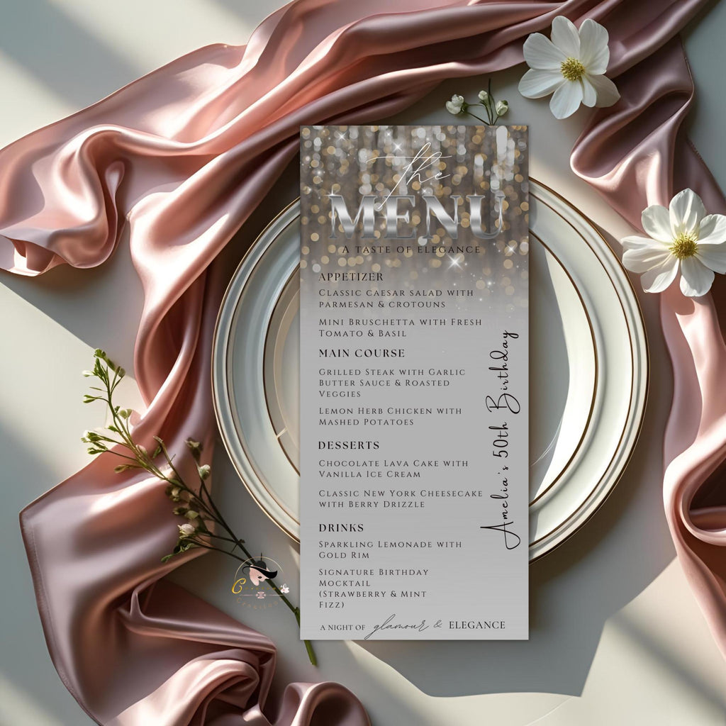 Editable Birthday Dinner Menu Silver Retirement Party Menu with photo, Elegant Brunch Menu Printable, Any Formal Event Menu Card Template